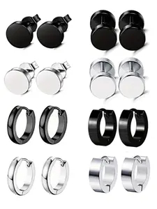 8 Pairs/Set Punk Style Stainless Steel Hoop Earrings with Synthetic Cubic Zirconia, Hypoallergenic and Durable, Suitable for Men and Women, Lash Sets with Stud Design, No Magnetic Closure