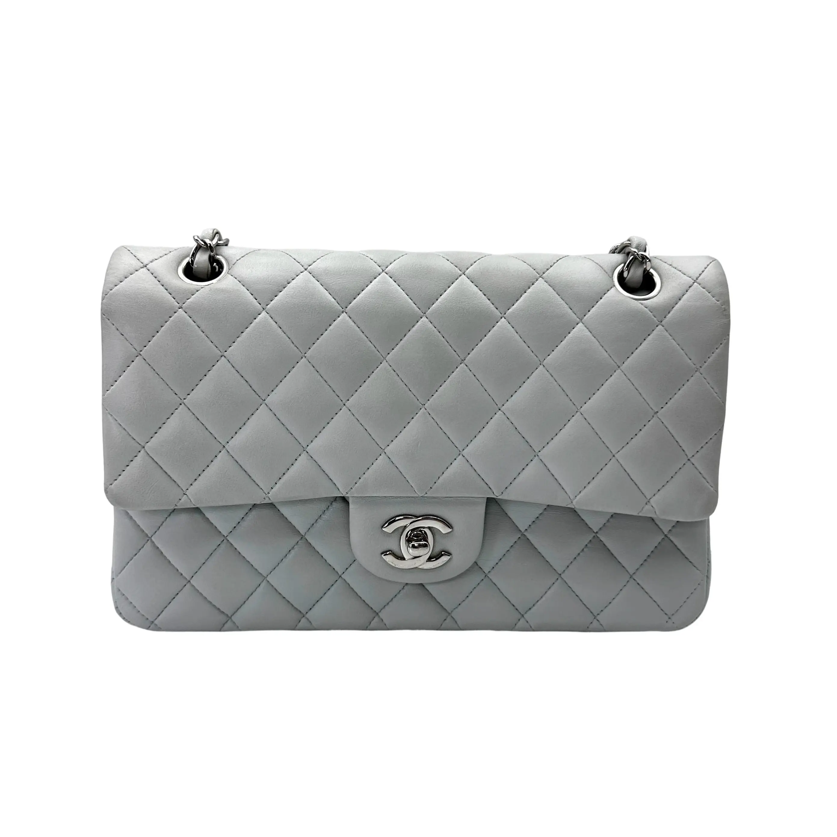 Pre-owned CHANEL Lambskin Shoulder Bags Classic Double Flap Light Grey Medium Shoulder Bag With Silver Buckle(14***42) CC2086