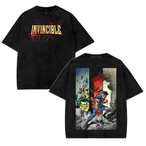 Vintage Washed Black Graphic T-Shirt, Men’s Oversized Streetwear Tee with Invincible Hero Collage Print, Soft Cotton Loose Fit Casual Daily Wear