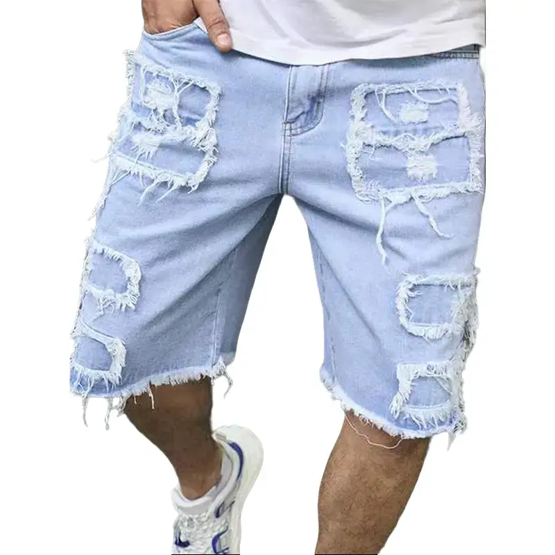 Men’s light blue denim shorts—heavy distressed look with worn details and patchwork design, straight cut, knee-length cargo shorts; Y2K street-style casual summer denim shorts, suitable for men’s parties and holidays.