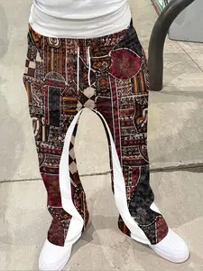 Men's Loose Fit 3D Patched Geometric Print Long Pants, Casual Sporty Streetwear, Vintage Style Flared, All Seasons Fitted Jeans
