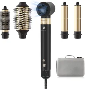 Webeauty 5-in-1 Air Styler, Black - Auto Curling Iron with Detachable Brush, Hair Dryer & Straightener, Ionic Fast Drying Hot Air Brush for All Hair Types