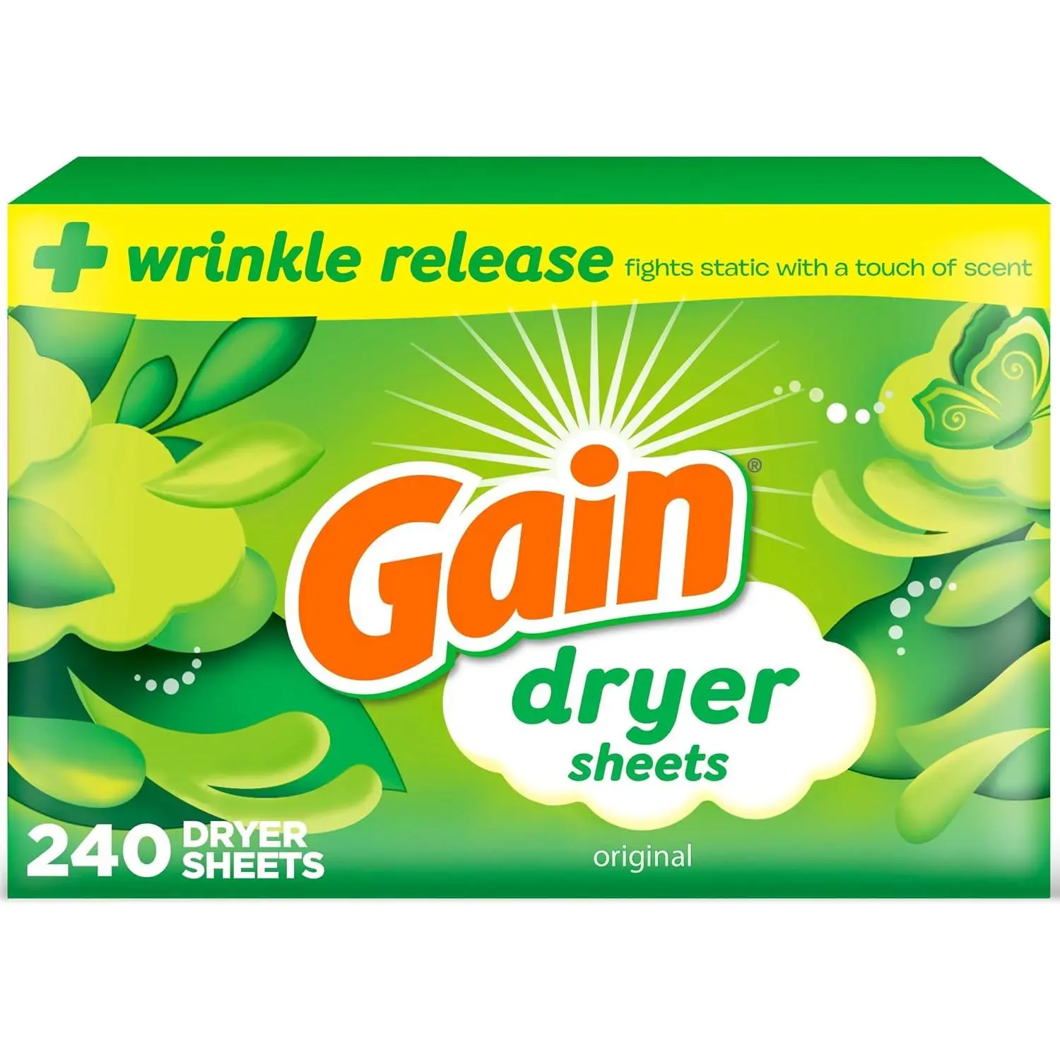 Gain Dryer Sheets, Original Scent, 240 Count, Fabric Softener Sheets, Static Control & Long-Lasting Freshness