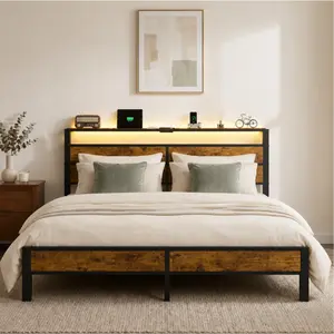 [Brandyday]DAYAGO Platform Bed Frame, Queen Bed Frame Headboard with LED Lights & Charging Station Twin/Full/Queen/King Size Storage Headboard Type C & USB Ports Modern Bed Metal Frame for Bedroom, No Box Spring Needed