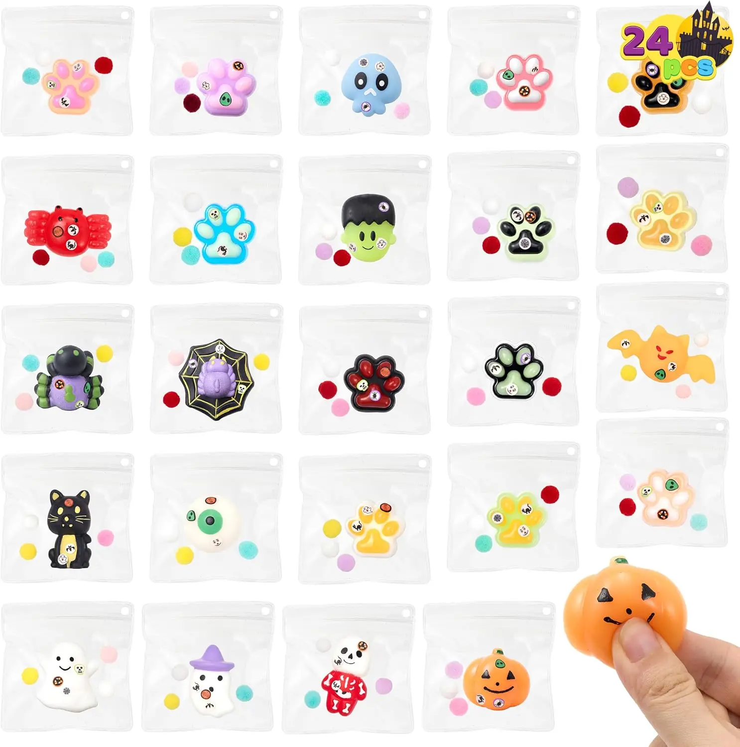 JOYIN 24 PCS Halloween Squishy Toys with Bags, Anxiety Relief Squeeze Toy, Soft Sensory Toy for Kids Teens, Party Favor, Trick or Treating, Classroom Prize Gift, Goodie Bag Stuffers