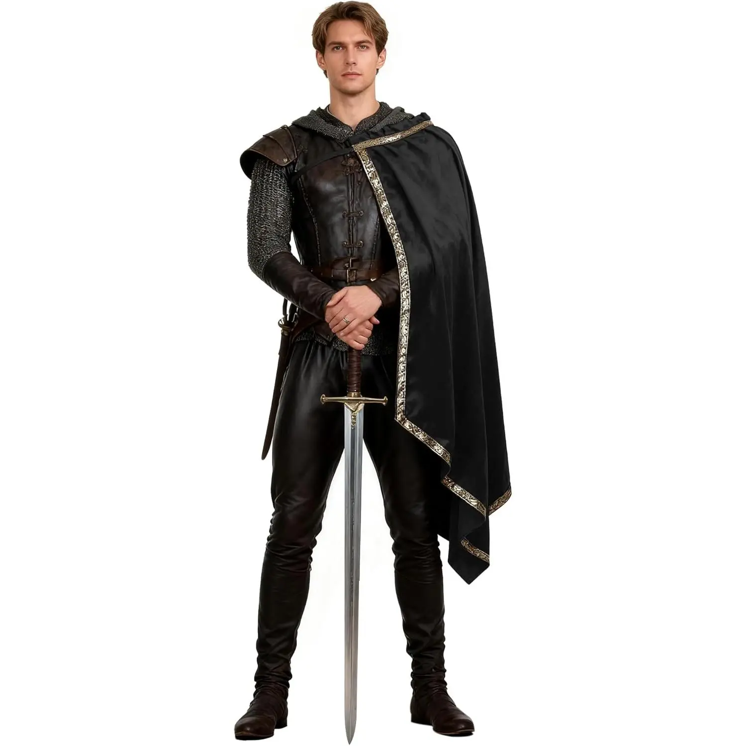 Adult-Sized Historical/Period Hooded Velvet Cape-Cloak - Asymmetrical Design, Decorative Trim, Elegant Renaissance Assassin Outfit, Holiday Halloween Cosplay Costume Set for Festive & Party Supplies