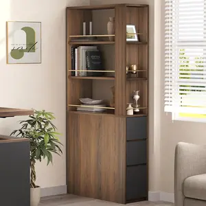 ModernMate 71'' Tall Corner Bookshelf - 3-Drawer, 3-Tier Open Double-Sided Wood Organizer with Storage Shelves, Multi-Functional for Home/Office, Black Walnut