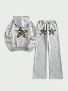 Y2K Star Print Fitted Hoodie & Leopard Pants Matching Set, Street Style Fashion, Casual Trendy, Light, Women's Clothing