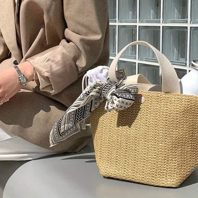 SummerVibes Women's Hand-Woven Synthetic Bucket Bag - Boho Beach Tote Zipper Closure, Wicker-Like Texture Spacious Hand Washable Handbag