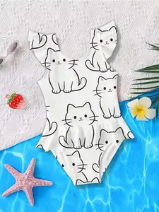 New Random Digital Print Full-Print Fashion Trend Summer Lace One-Piece Swimsuit Cat Pattern Sweet Print Unique Girl Pool Party Birthday Gift