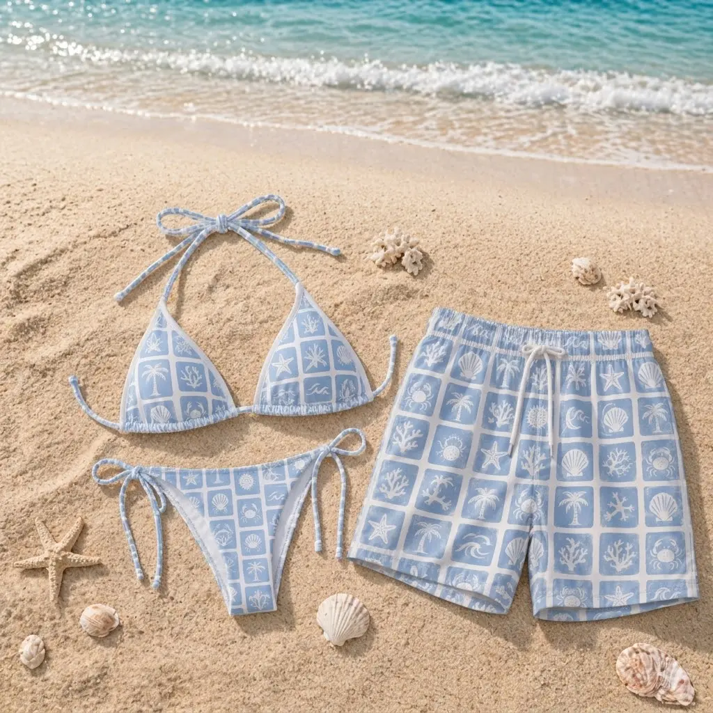 Blue Couple Swimwear Set, Matching Bikini & Swim Trunks, Beach Vacation Swimsuit for Couples