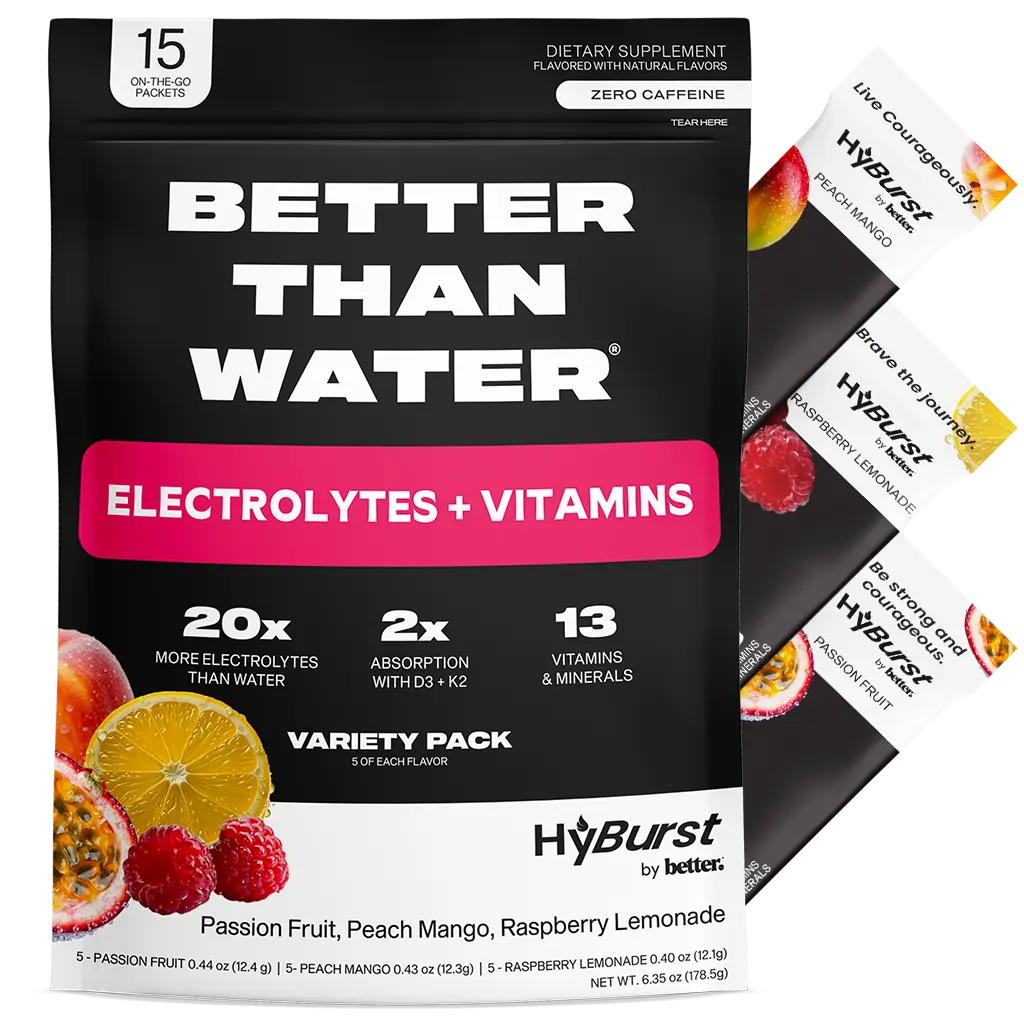 Better Than Water – Variety Pack - Hydration Multiplier Electrolyte + Vitamin Drink Mix | B12, L-Theanine, D3, K2, Zinc, Magnesium, Potassium | Calm Focus & All-Day Energy