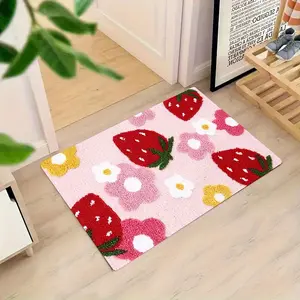 Strawberry Pattern Durable Flannel Rug, Ideal for Living Room Bedroom Office Indoor Outdoor Decor, Welcome Mat