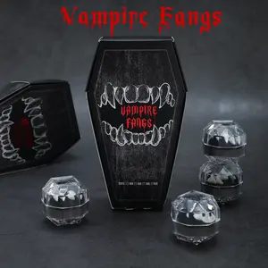 Party Cosplay Vampire Fangs 4 Sizes Fake Teeth with Adhesive, Party Role-Play for Party, Coffin Gift Box, Reusable Holiday Costume