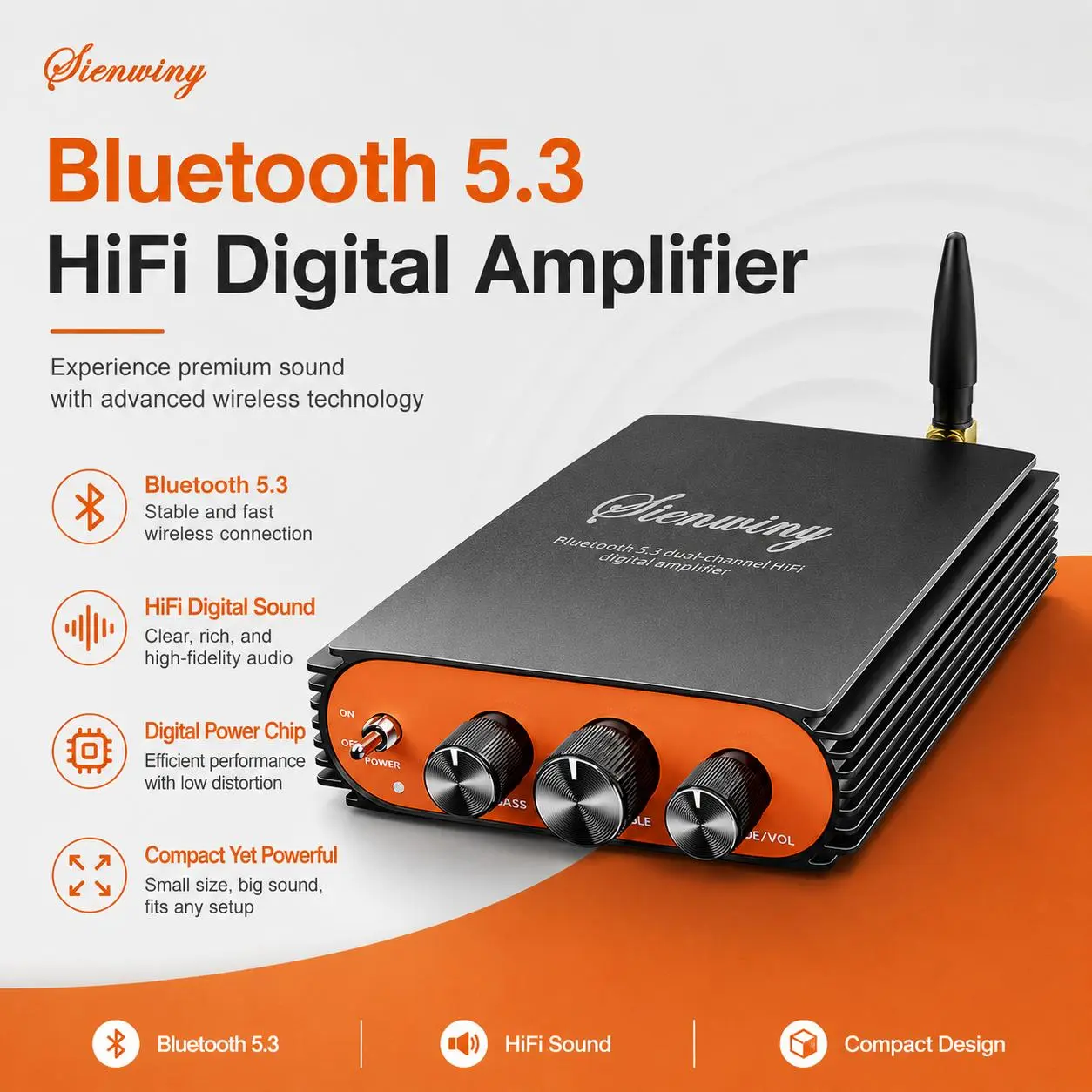 YS-KL5 Bluetooth 5.3 HiFi Digital Amplifier, Dual Channel, Subwoofer Output, TPA3255 Chip, 600W Output, Compact Home Audio Stereo
