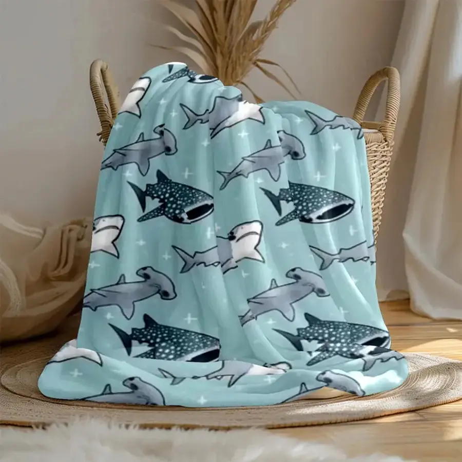 Flannel Throw Blanket Modern Shark Whale Ocean Design, Flannel Cozy Blanket Soft Animal Theme Decorative Blanket Multi-Purpose Sofa Bed Car Outdoor Garden Decor Gift Home Decoration Accessories Animal Blankets