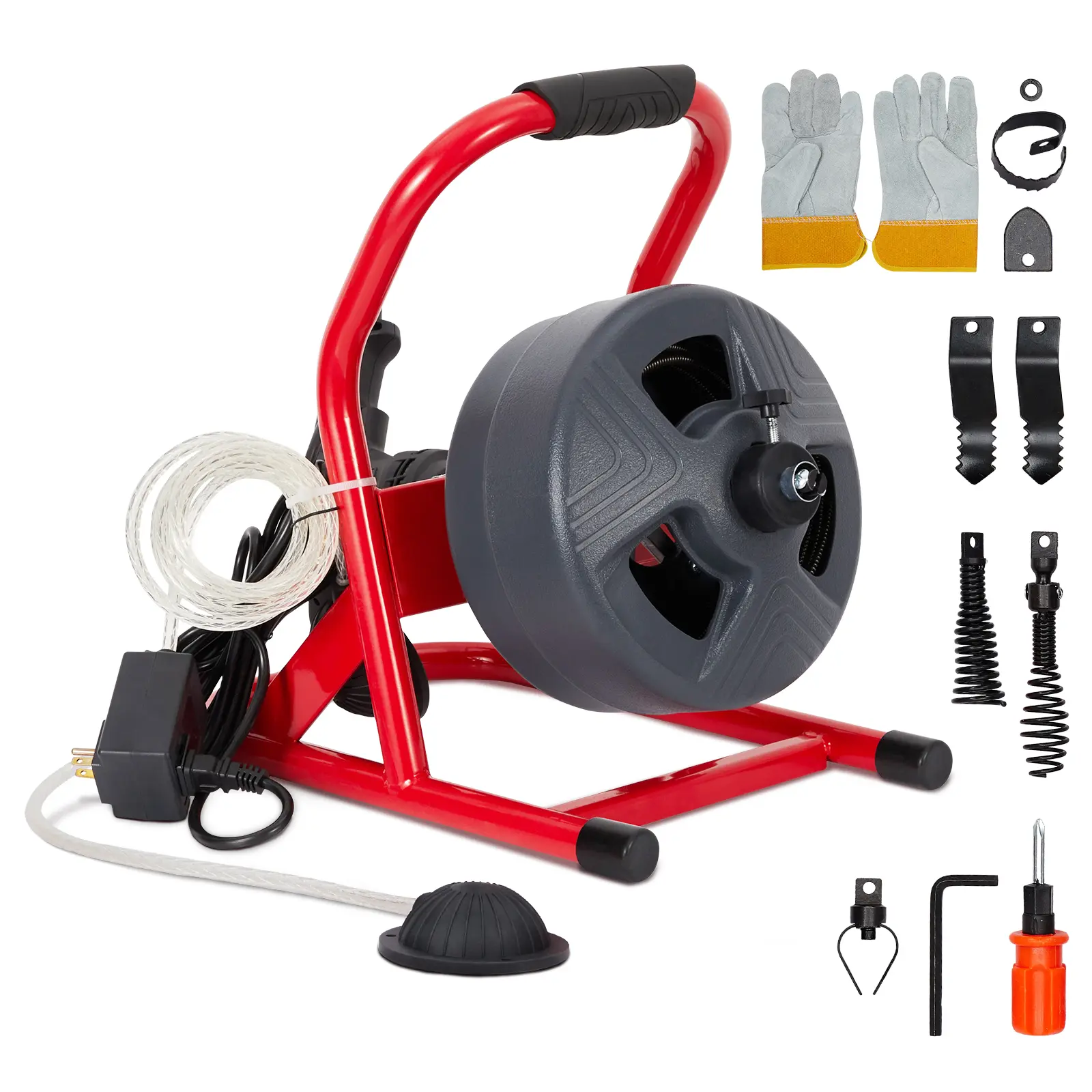 50Ft x 5/16 Inch Electric Drain Cleaner Machine, Professional Sewer Snake Auger for 3/4"to 3" Pipes, Equipped with Foot Switch, 6 Cutters & Glove, Model DA04