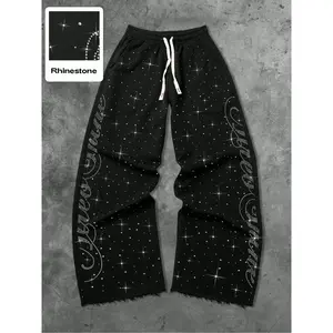 Men’s street-style straight-leg sports pants, casual streetwear pants, American fashion design with rhinestone embroidery, unisex casual everyday pants GARMENTARY