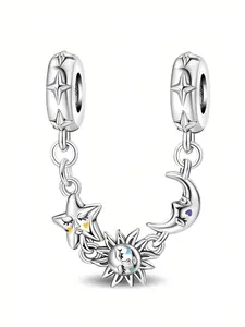 Sun Moon Star Safety Chain Charm, Celestial Face & Starburst Detail, Cosmic Botanical Jewelry for Pandora Bracelet, Unique Accessory