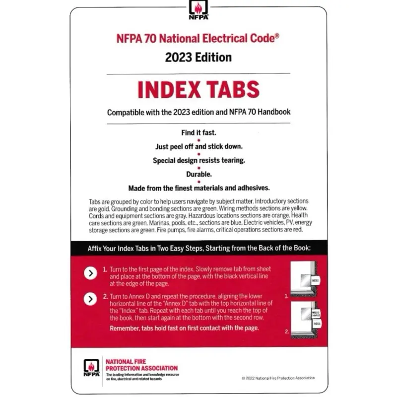 NFPA 70 2023 National Electrical Code (NEC) & Handbook Sticky Note Tabs - Color-Coded, Self-Adhesive, Removable Index Labels Sticker Sheet Set for Office Book Use
