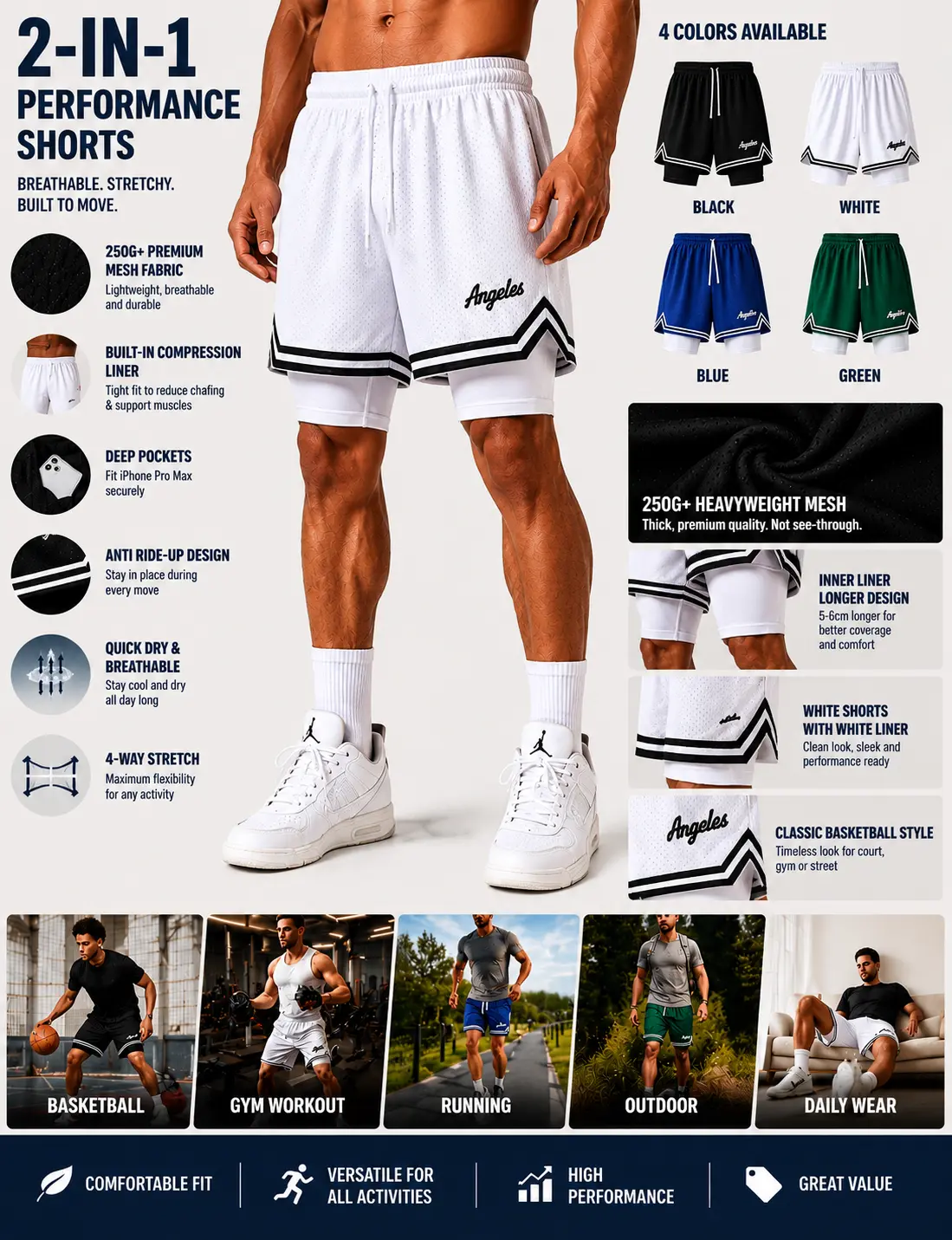 A pair of basketball casual sport shorts, unisex, a new style in 2025. High-quality quick-dry shorts for spring and summer. They have elasticity, with a lining fabric that fits the thighs better and protects the muscles.
