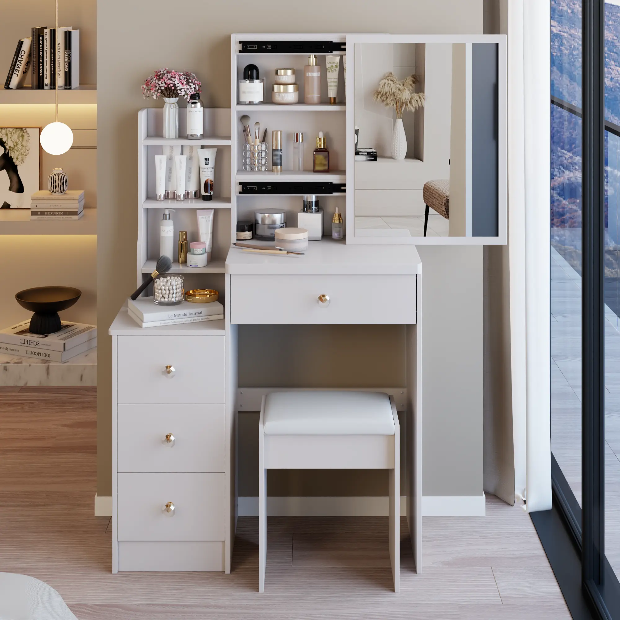 29.2" Modern Makeup Dressing Desk with Drawers, Padded Stool, Left Small-Space Bedside Cabinet, Extra-Large Right Sliding Mirror, Multi-Layer High-Capacity Storage, Metal Frame, EPA/GCC/UL Certified Modern Makeup Vanity Drawer Vanity Table