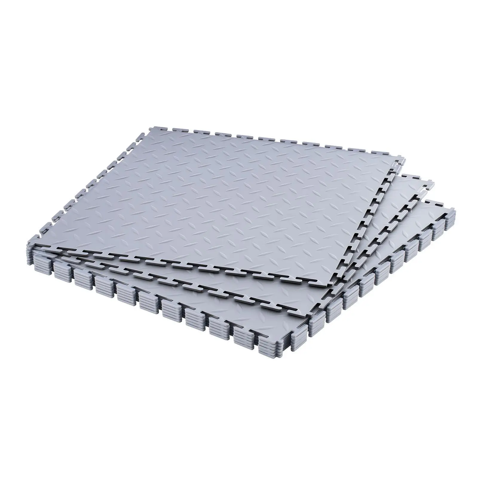 VEVOR Interlocking Garage Floor Tile Set Pack, 8-Pack 20.2x20.2x0.2in Diamond Plate PVC Mats, Quiet, Stain-Resistant, Slip-Resistant, Heavy-Duty Hold, Wipes Clean Fast, Quick-Installation Modular Indoor Flooring for Garage, Workshop (Silver)