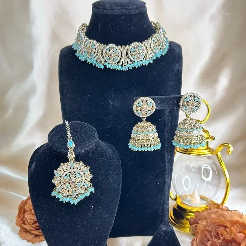 Desi Gorgeous Gold-Tone Necklace, Jhumka Earrings, Tikka Set for Traditional Occasions