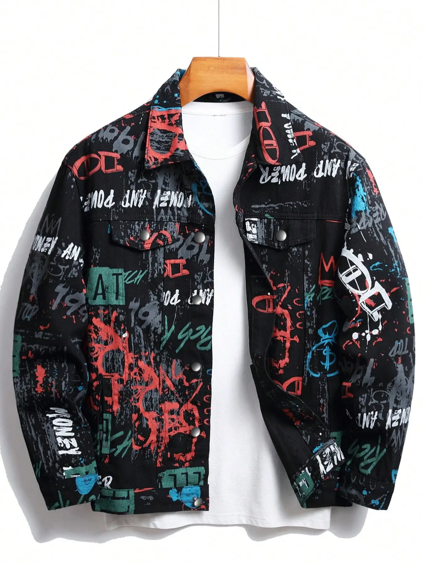 Men's fashion street-style Collared Long Sleeve denim Letter Print jacket with unique hip-hop graffiti prints; it has a loose and comfortable fit, perfect for daily casual wear Streetwear Jackets