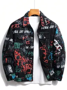 Men's fashion street-style Collared Long Sleeve denim Letter Print jacket with unique hip-hop graffiti prints; it has a loose and comfortable fit, perfect for daily casual wear.