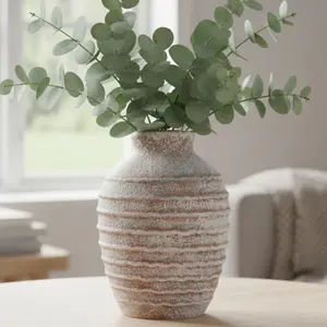 【Mother's Day】Silvanest 6.9” Warm Sand Beige Ceramic Vase, Minimalist Textured Pottery for Cream Style Decor, Handcrafted Rustic Vase for Pampas Grass & Shelf Decor