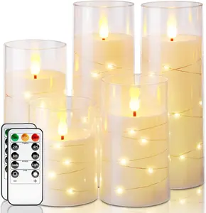 Flameless Candles with Embedded Star String Fairy Lights, Battery Operated Candles, LED Candle, Fake Candles with Remote Control and Timer, Ivory, Set of 5(H4 5" 6" 8" 8") Nightlight For Bedroom Lighting Modes Adjustable candle warmer candle warmer lamp