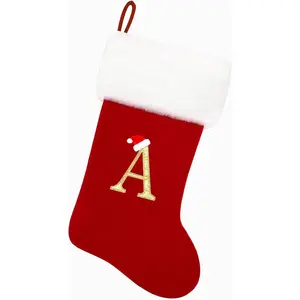 20 Inches Red Velvet with White Super Soft Plush Cuff Monogram Christmas Stockings, Xmas Personalized Embroidered Letter Stockings for Family Holiday Decorations and Xmas Tree Fireplace（A）