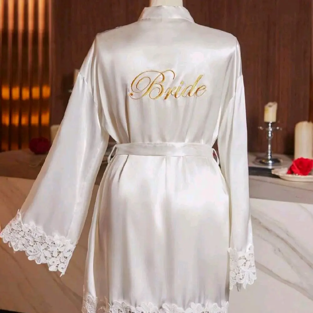 SilkySpell Plus Size  Lace Trim Embroidered Sexy Solid Color Satin Women Robe, For Fall & Winter