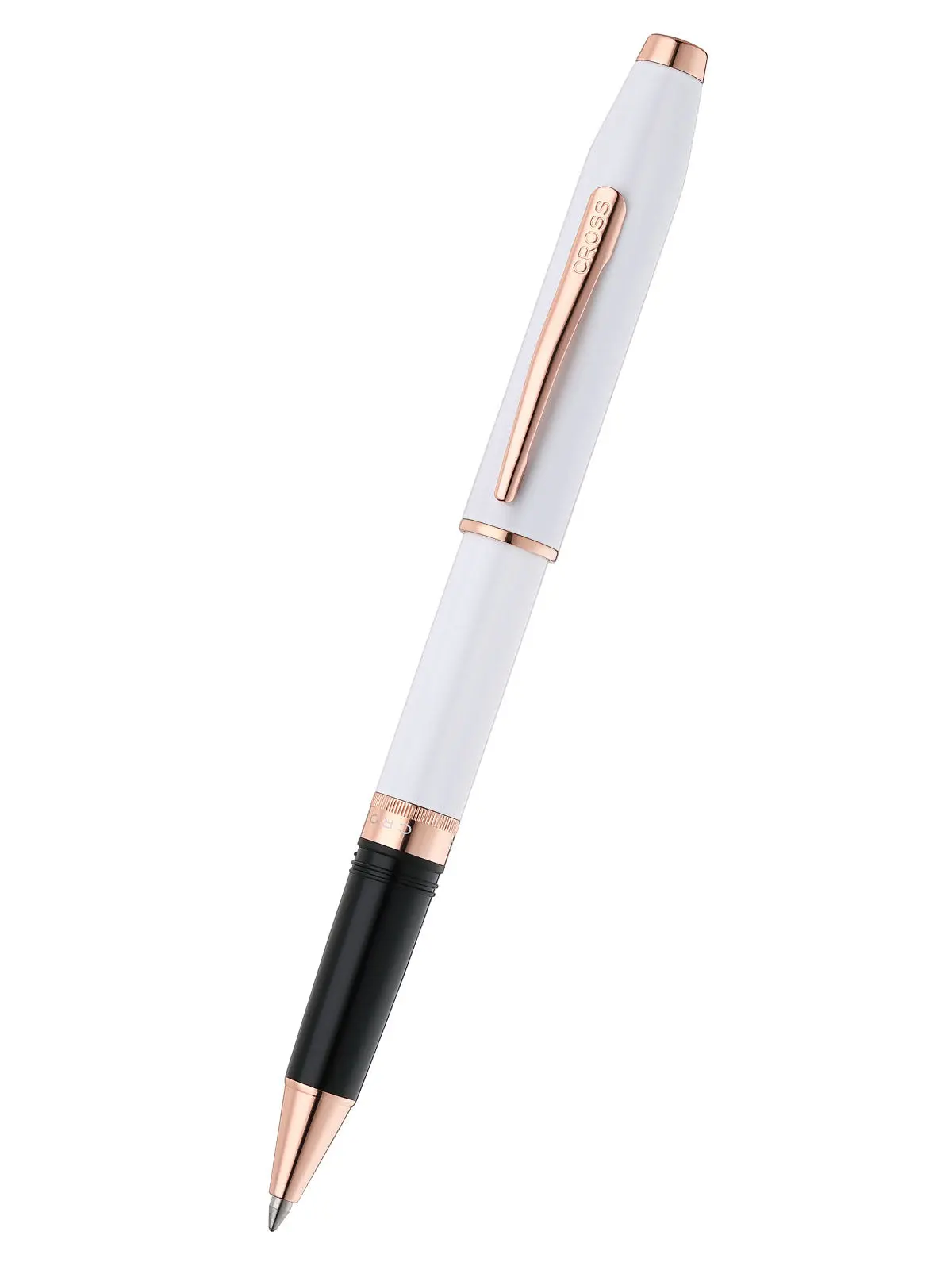 Cross Foundry Double Ring Pearl White Lacquer Body Rollerball Pen with Rose Gold Appointments - Smooth Band, Reliable Daily Use, Suitable for First-Time Users, Packaged in Standard Gift Box, Liquid Rollerball Pens & Refills Compatible