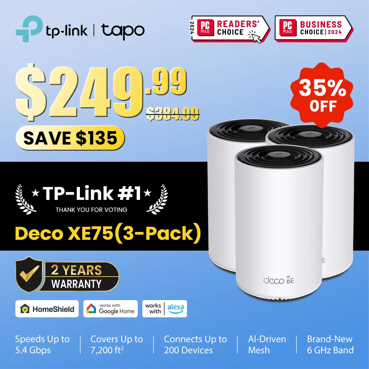 TP-Link Deco XE75 (3-pack) Wi-Fi 6E Tri-Band AXE5400 Mesh System – 7200 Sq.Ft Coverage, AI-Driven Mesh, 6GHz Band, Engadget Rated Best Mesh for Most People, Replaces WiFi Router and Extender