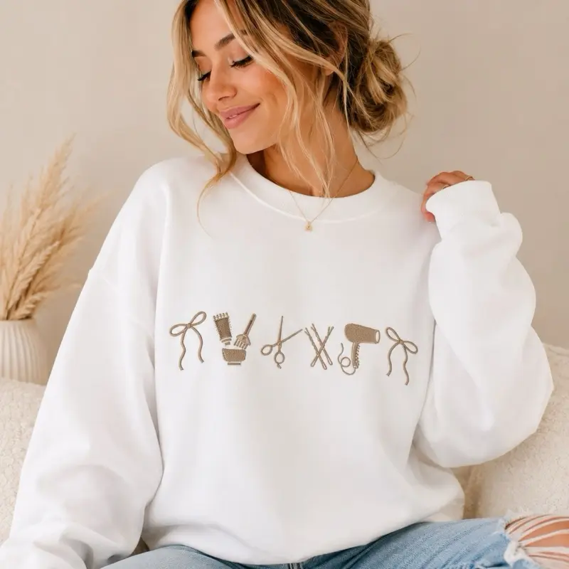 Hairstylist icon pullover crewneck, hair stylist crewneck, neutral aesthetic comfort pullover casual comfortable sweatshirts for aesthetic hair women. hair dresser sweatshirt