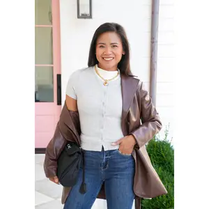 Grey Ribbed Short Sleeve Button Down Top