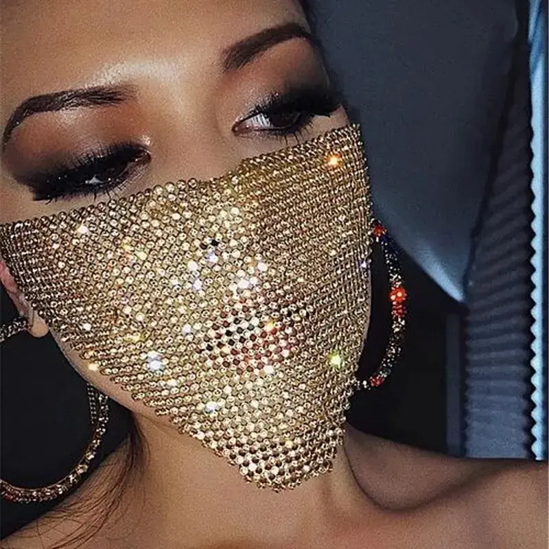 Women's Shiny Rhinestone Face Mask - Hollow Crystal Mesh Fashion Accessory with Adjustable Loops, Lightweight Neon Rose Gold Style for Rave, Birthday, Live Event Use, Accessories, Party, Rhinestones, Luminous, Masks