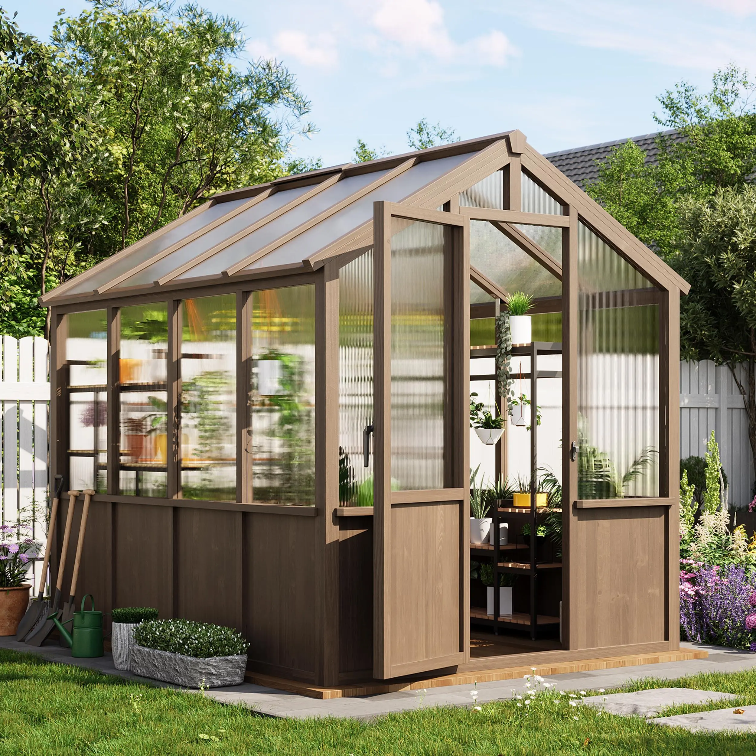 6x8 FT Rectangular Single Unit Walk-in Wooden Greenhouse, Durable Spruce Frame, Wooden Base, Solid PC Panels, Adjustable Roof Vents, Lockable Door for Backyard, Garden Outdoor Furniture Set, Adjustable Vents, Solid Panels