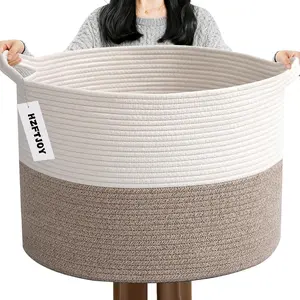 Huge Blanket Basket 65L - Extra Large Woven Cotton Rope Laundry Hamper for Living Room & Bedroom - Zylo Decorative Tall Storage Bin for Pillows, Comforters, Toys, and Towels - Neutral Home Decor