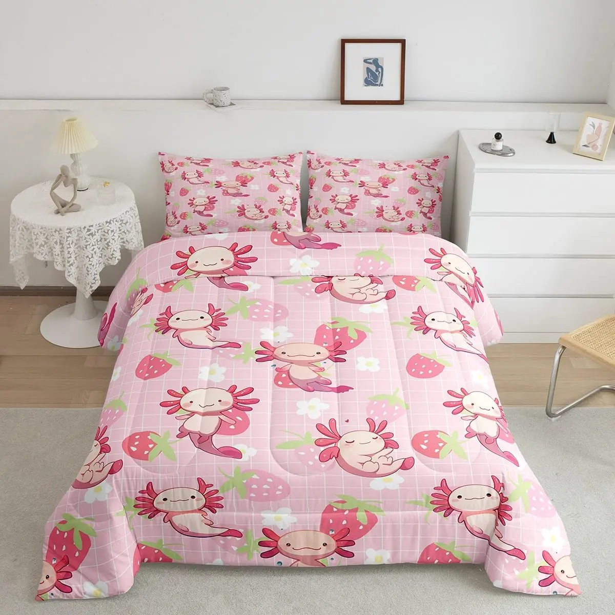 Feelyou Pink Axolotl Full Size Designer Bedding Set - Kawaii Ocean Style Cartoon Pattern Bedding, Airy Salamander Comforter, Duvet, Princess Quilt, Breathable Soft Blanket for Daughters, Nursery Use, Cartoon Pattern Blanket