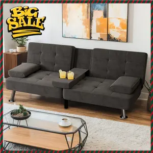 BestsellerConvertible Sofa Bed with Removable Armrests, Metal Legs, 2 Cup Holders, Black for Living Room