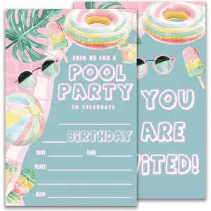 Pool Birthday Invitations, Summer Birthday Party Invitations for Boys Girls, Pool Party Supplies, 20 Double-Sided Fill-In Party Invite Cards with 20 Envelopes 4X6 Inch-D09