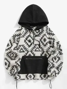 Women's Tribal Print Drawstring Pocket Zipper Hoodie, Casual Raglan Sleeve  Long Sleeve Hooded Top for Fall & Winter, Women's Clothes for Daily Wear, Graphic Hoodie, Hoodies for Women, Essentials Hoodie, Comfort Hoodies, Sweatshirts, Womenswear