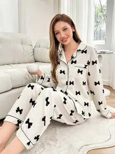 Women's Lapel Long Sleeve Pajama Set, Full Print Butterfly Bow Tie Open Front Spring Casual Homewear, Comfortable Sleepwear for Everyday Use