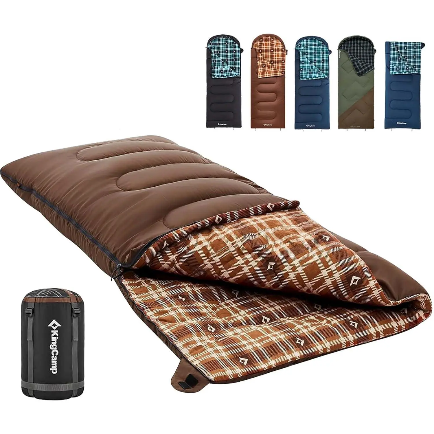 KingCamp XL Flannel Sleeping Bag for Big and Tall Adults - Warm & Waterproof for Extreme Weather Camping, Hiking, Portable with Compression Sack, Cold Camping