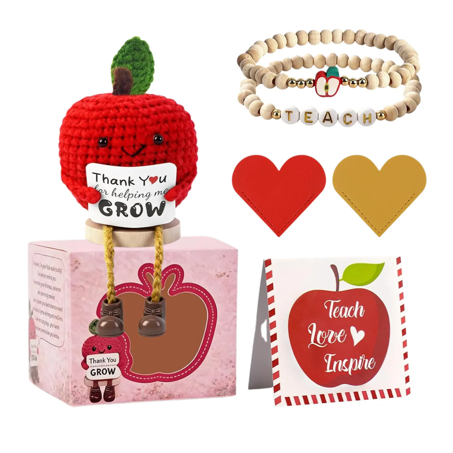 Back To School Teacher Appreciation Gifts in Bulk ,Handmade Crochet Apple, PU Bookmarks, Bracelet and Greeting cardsTeacher Appreciation Week Gift Set