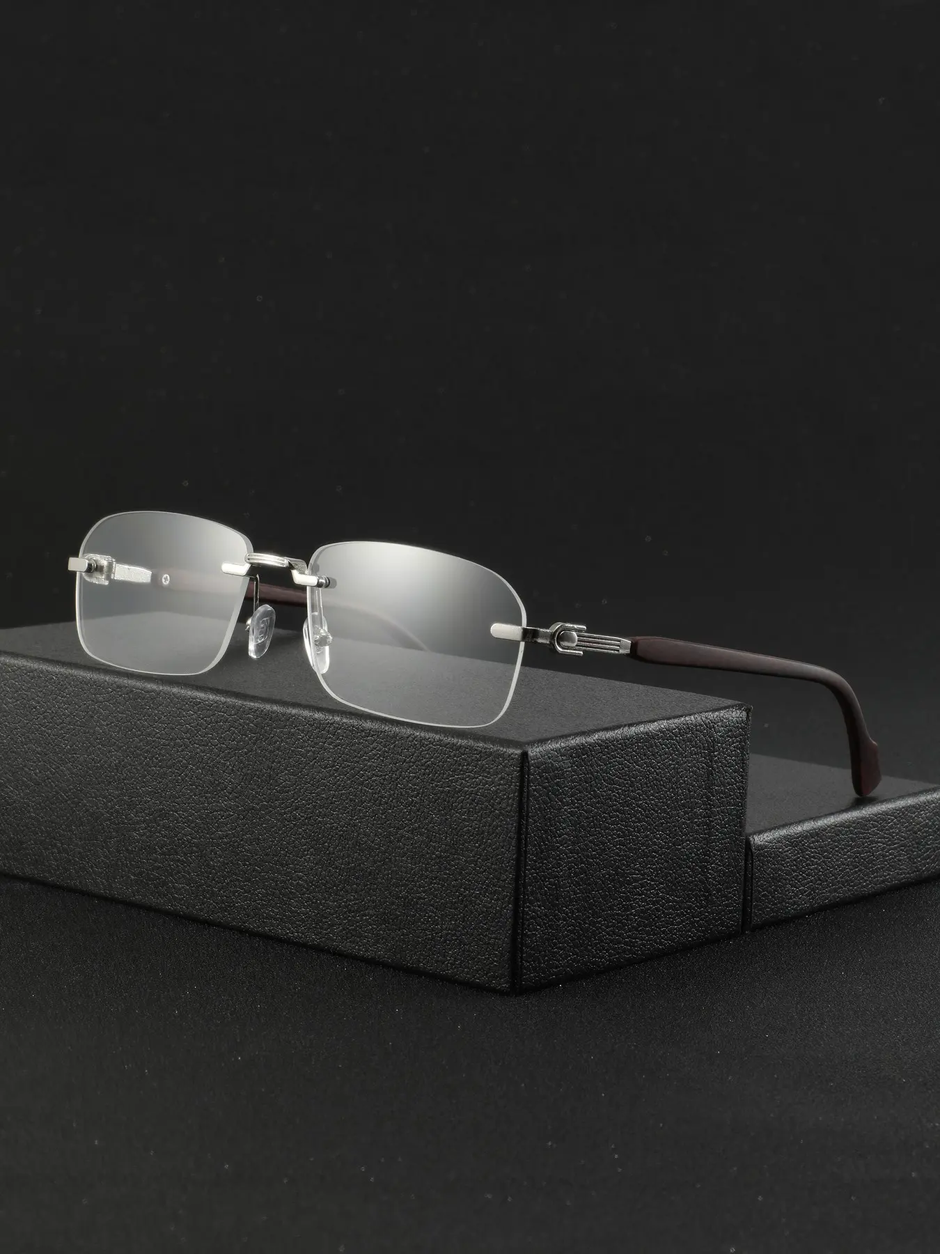 Men's Rectangular Frameless Wooden Texture Temple Glasses, Decorative Glasses, High-End Business Style, Vintage Casual, Elegant and Versatile, Fashion Plain Lens