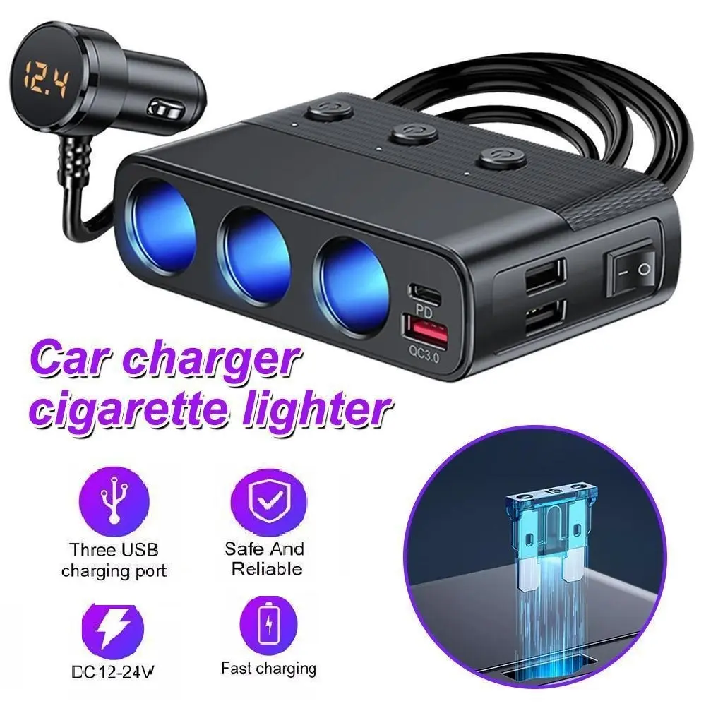 Multi-Port Car Charging Hub - 12V-24V Cigarette Lighter Socket Splitter with LED Voltage Display, 3 USB Car Connector Charging Ports, Car Gadgets, Automotive Car Charger